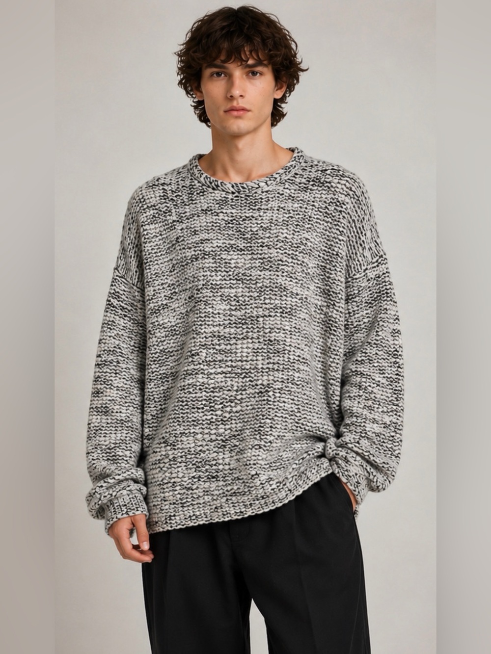 Helmut Lang Oversized Marled Knit Sweater Mens Medium Black White Chunky Grunge